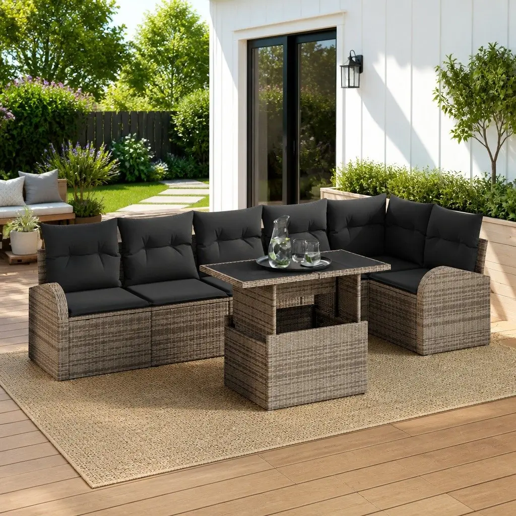 Modular Garden Sofa Set Outdoor Seating 7 Piece Grey Poly Rattan with Cushions