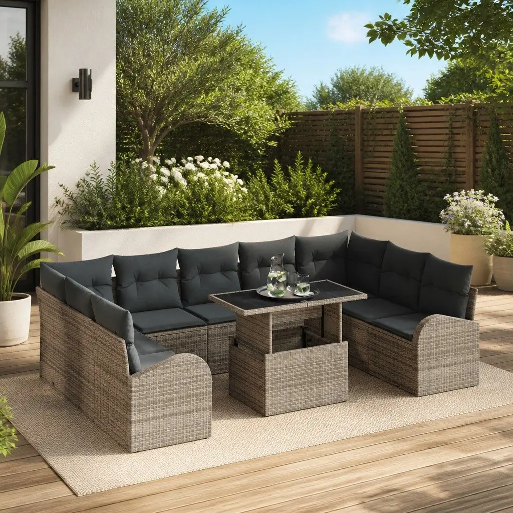 Modular Garden Sofa Set 10 Pieces Grey Poly Rattan Outdoor Furniture with