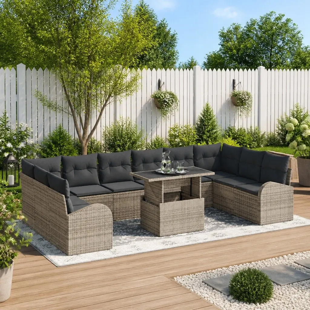 Garden Sofa Set 11 Pieces Modular Outdoor Furniture Grey Poly Rattan with Glass