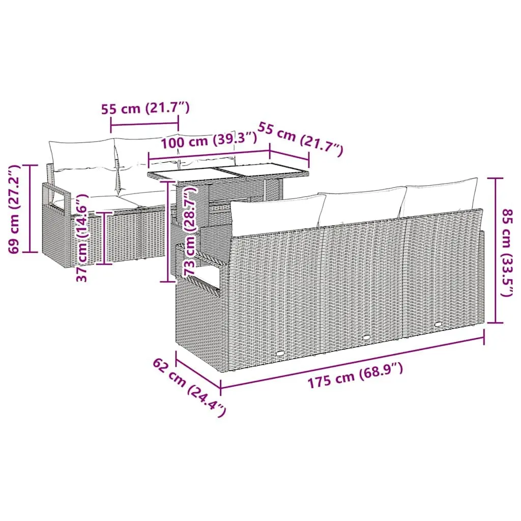 Modular Garden Sofa Set Outdoor Furniture 7 Pieces Grey Poly Rattan