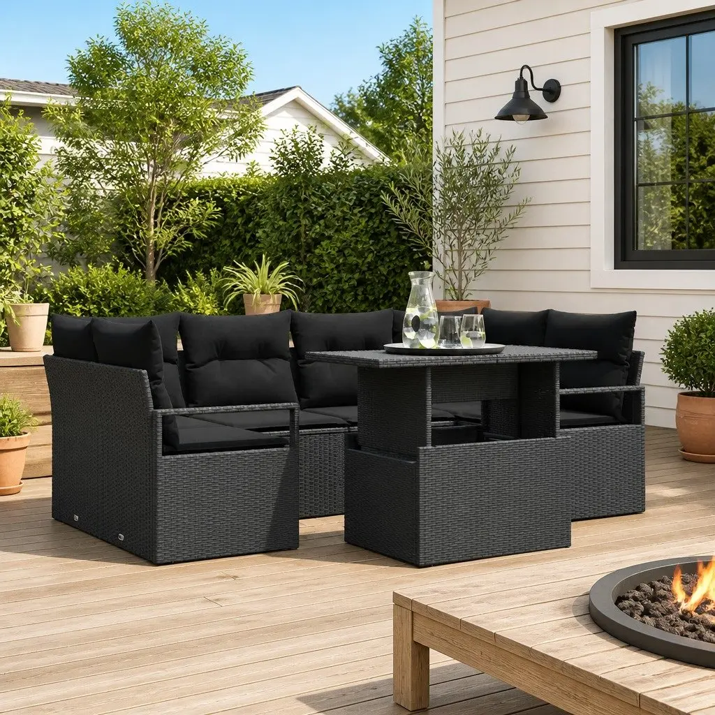 Garden Sofa Set Modular Outdoor Furniture 7 Piece Black Poly Rattan