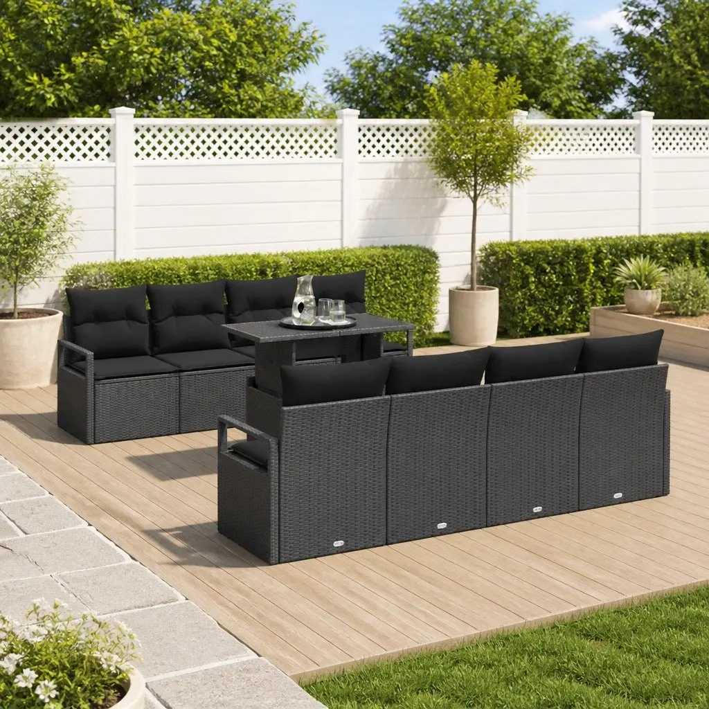 Modular Garden Sofa Set 9 Piece Outdoor Seating Adjustable Table Black Poly Rattan