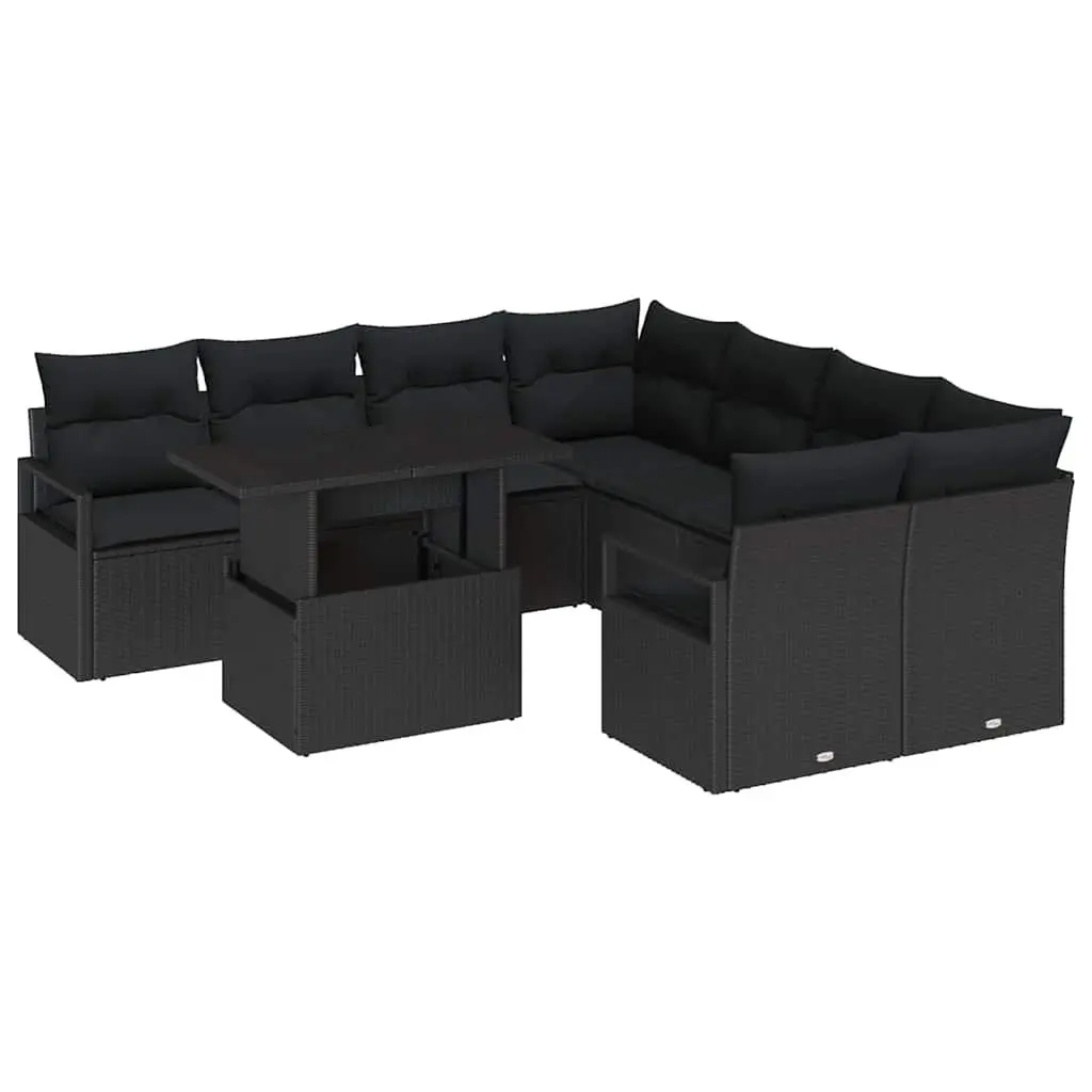 Modular Garden Sofa Set 9 Piece Outdoor Relaxation Black Poly Rattan Furniture