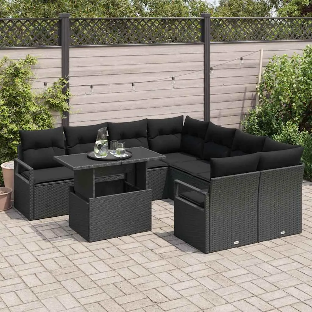 Modular Garden Sofa Set 9 Piece Outdoor Relaxation Black Poly Rattan Furniture