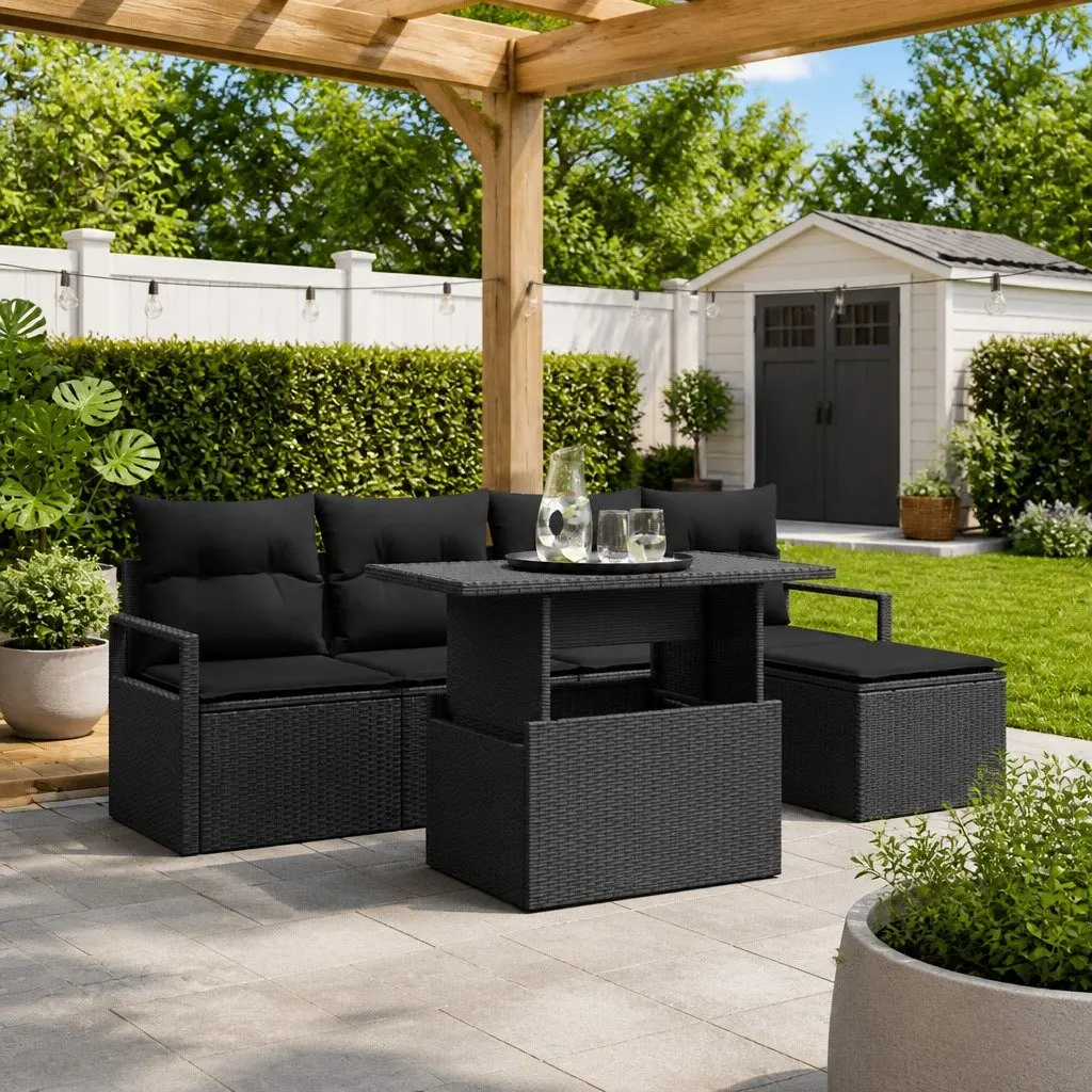 Modular Garden Sofa Set 6 Pieces Outdoor Furniture Black Poly Rattan