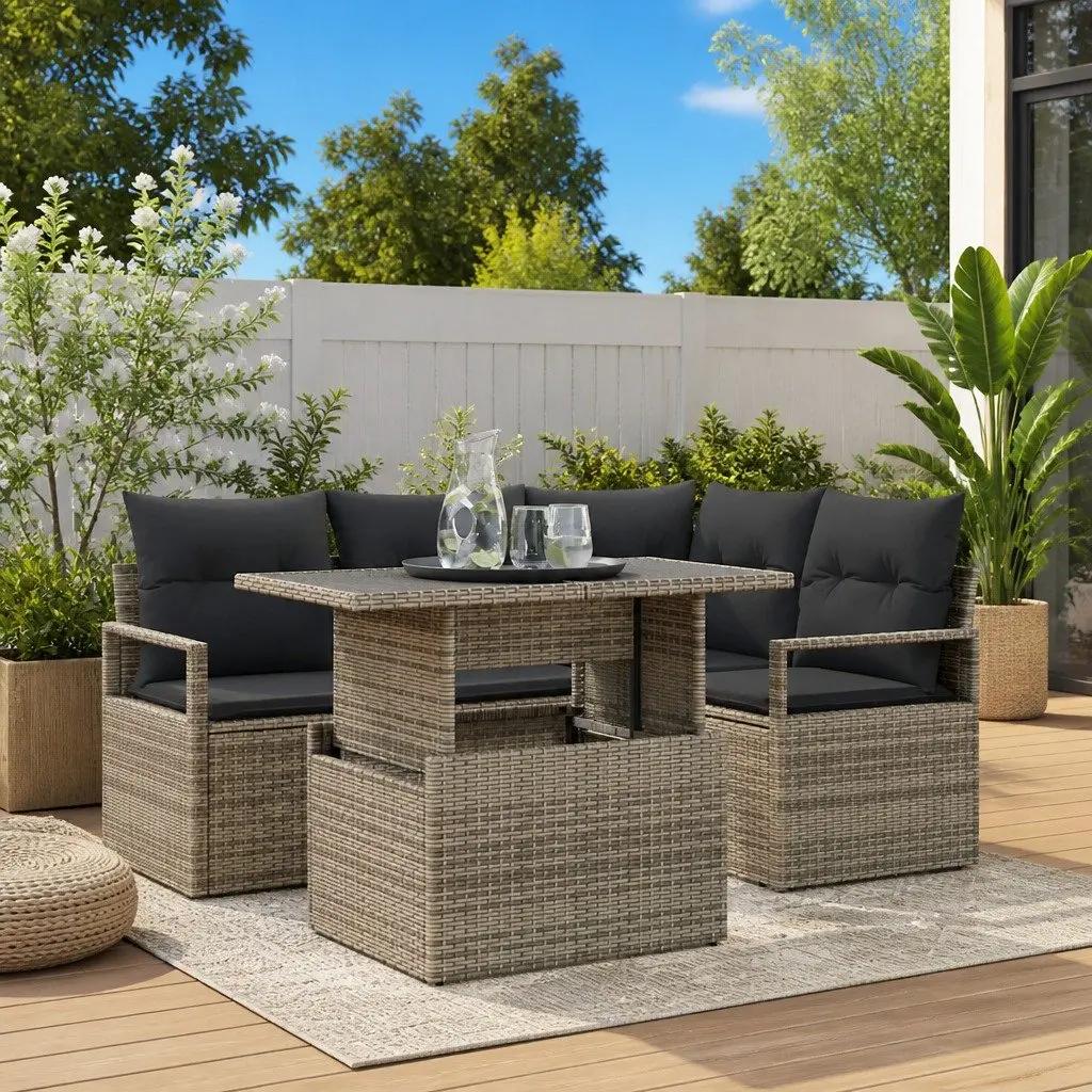 Grey Poly Rattan Garden Sofa Set 5 Piece Modular Sectional Outdoor Furniture