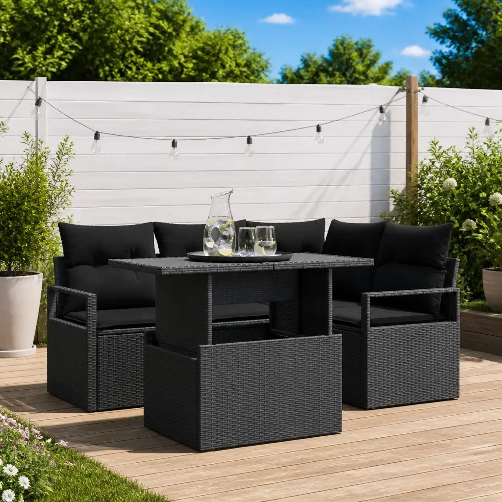 Garden Sofa Set Modular Sectional Outdoor Furniture 5 Pieces Black Poly Rattan