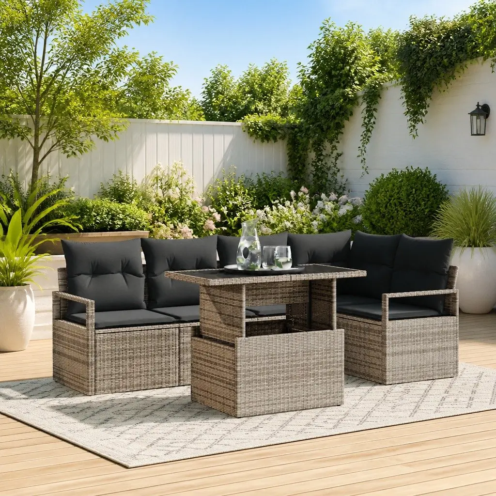 Garden Sofa Set Modular Outdoor Seating 6 Pieces Grey Poly Rattan with Glass