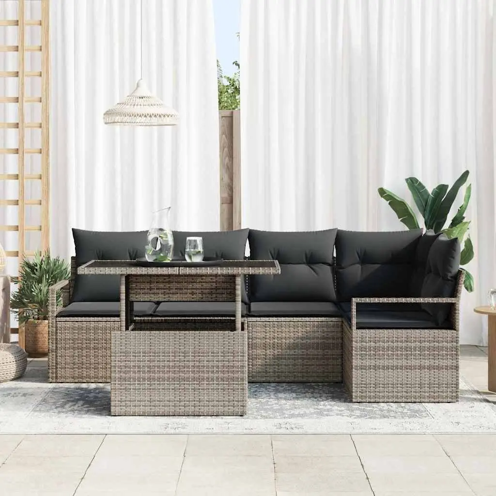 Garden Sofa Set Modular Outdoor Seating 6 Pieces Grey Poly Rattan with Glass