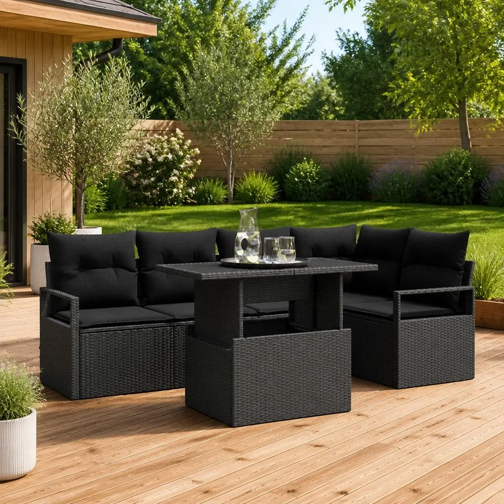 Garden Sofa Set Outdoor Seating 6 Piece Modular Black Poly Rattan
