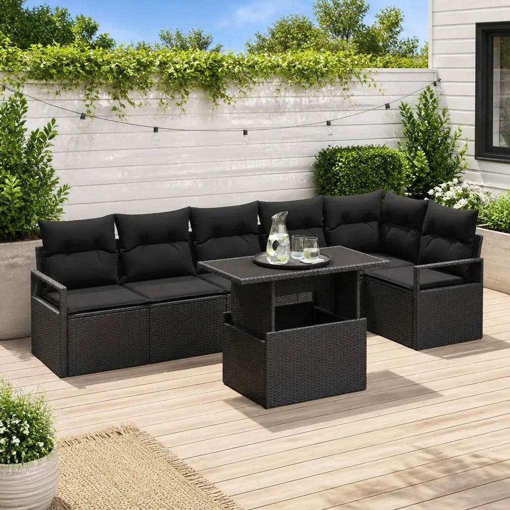 Outdoor Garden Sofa Set 7 Piece Cushioned Seating Adjustable Height Table Black Poly Rattan