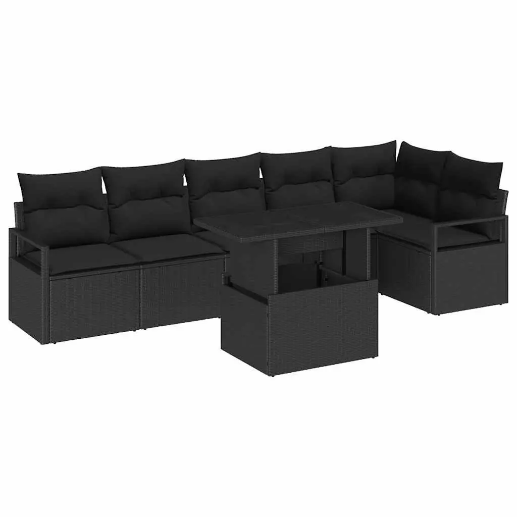 Outdoor Garden Sofa Set 7 Piece Cushioned Seating Adjustable Height Table Black Poly Rattan