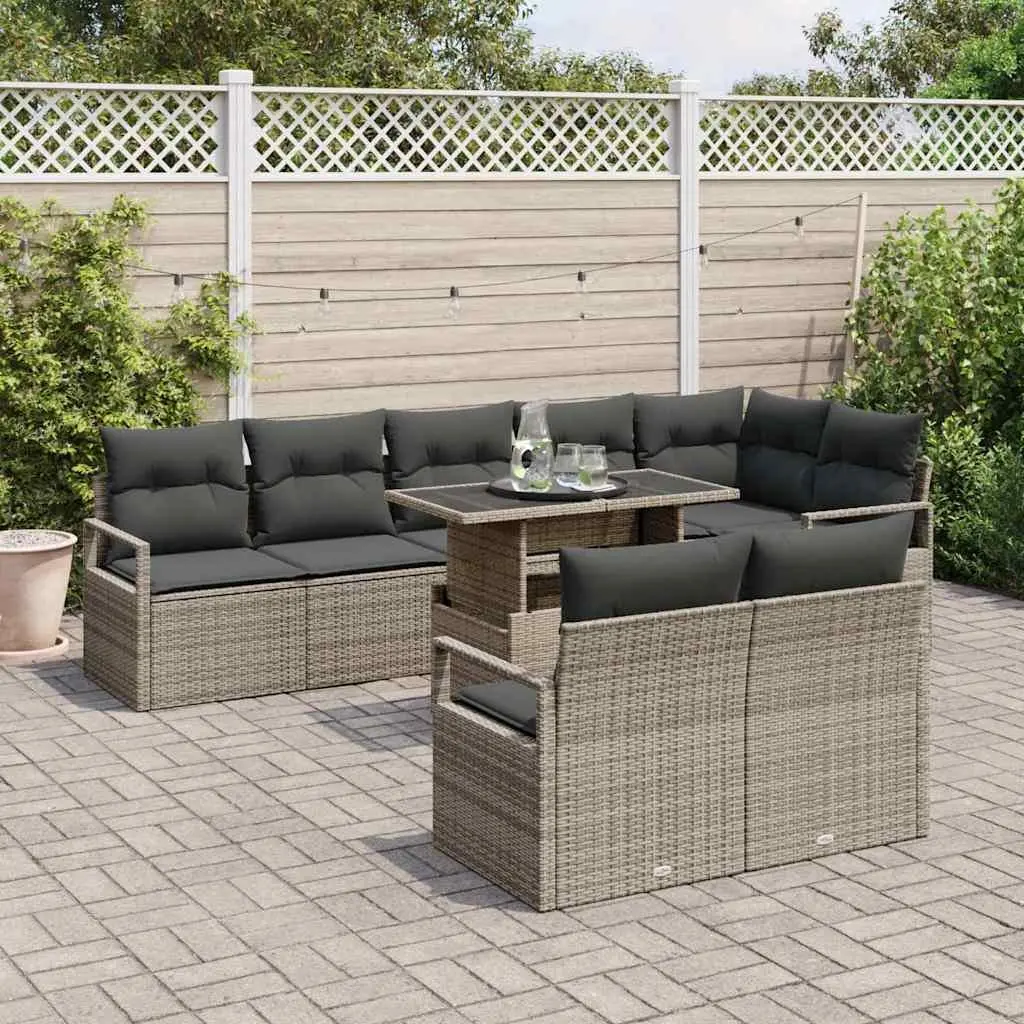 Modular Garden Sofa Set 9 Piece Grey Outdoor Furniture Poly Rattan with Cushions