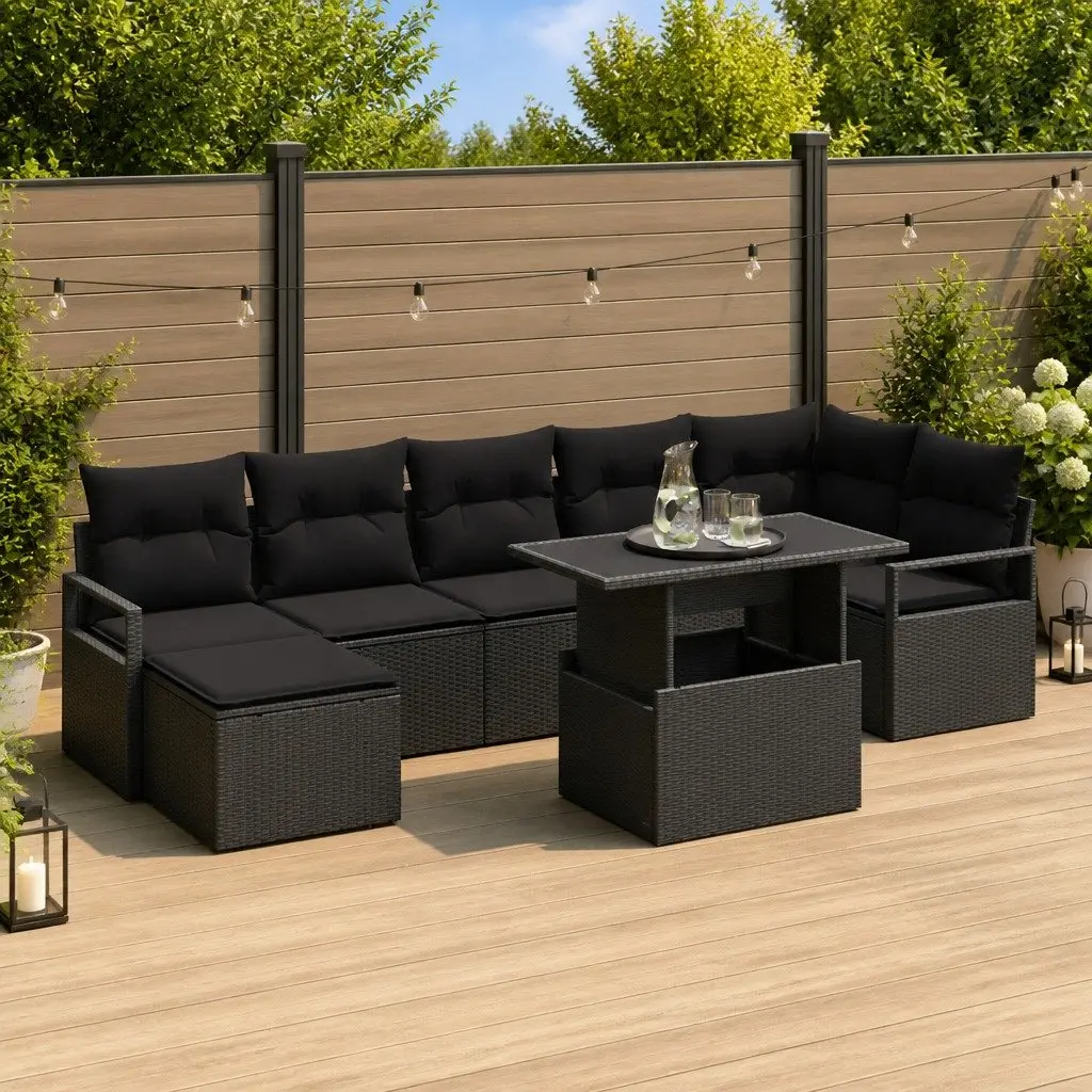 Modular Outdoor Garden Sofa Set 8 Pieces Black Poly Rattan with Adjustable Table and Cushions