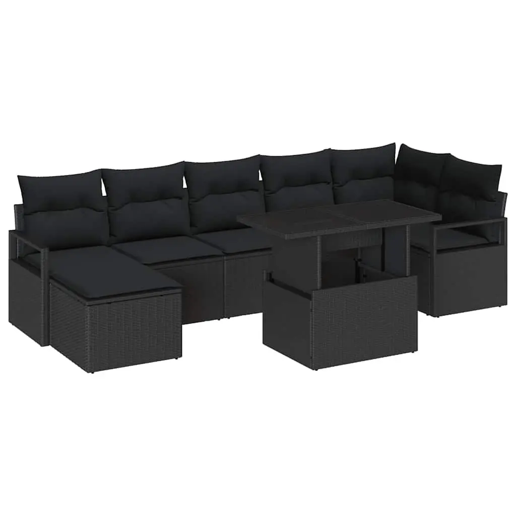 Modular Outdoor Garden Sofa Set 8 Pieces Black Poly Rattan with Adjustable Table and Cushions