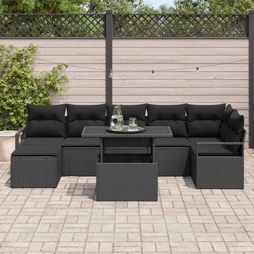 Modular Outdoor Garden Sofa Set 8 Pieces Black Poly Rattan with Adjustable Table and Cushions
