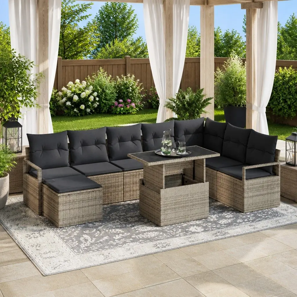Modular Outdoor Sofa Set Grey Poly Rattan 9 Piece Furniture for Patio and Garden