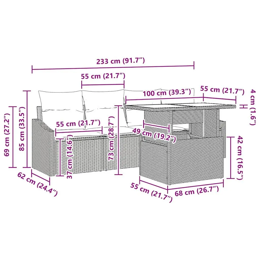 Garden Sofa Set Modular Outdoor Furniture 5 Pieces Height Adjustable Tabletop Grey