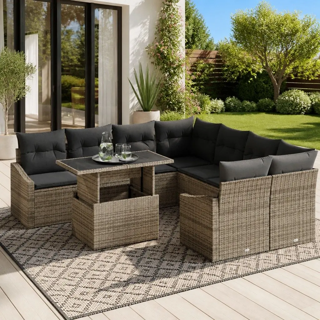 Modular Outdoor Sofa Set 9 Piece Grey Poly Rattan for Patio and Garden Entertainment