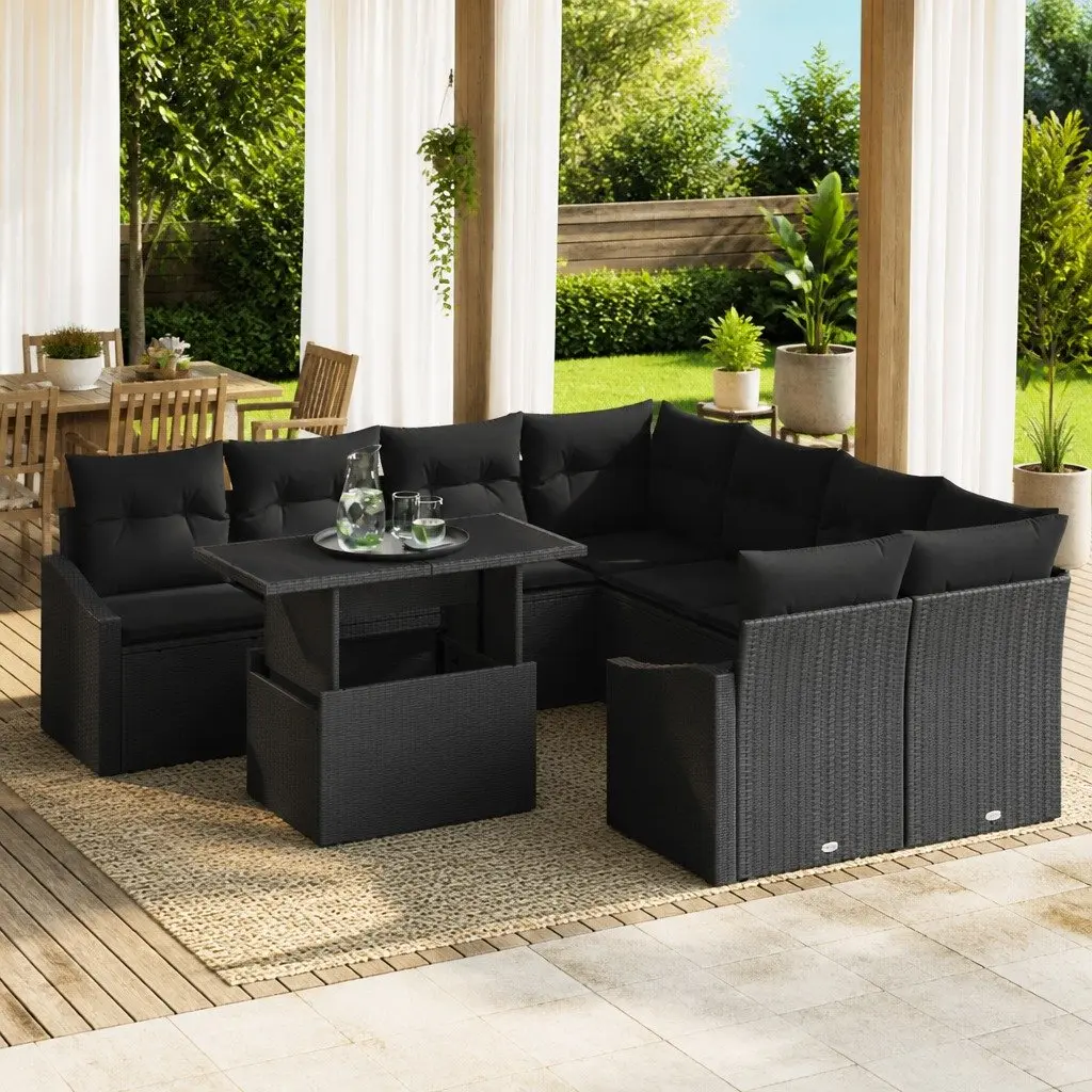 Modular Garden Sofa Set Outdoor Furniture 9 Piece Black Poly Rattan with Glass Table