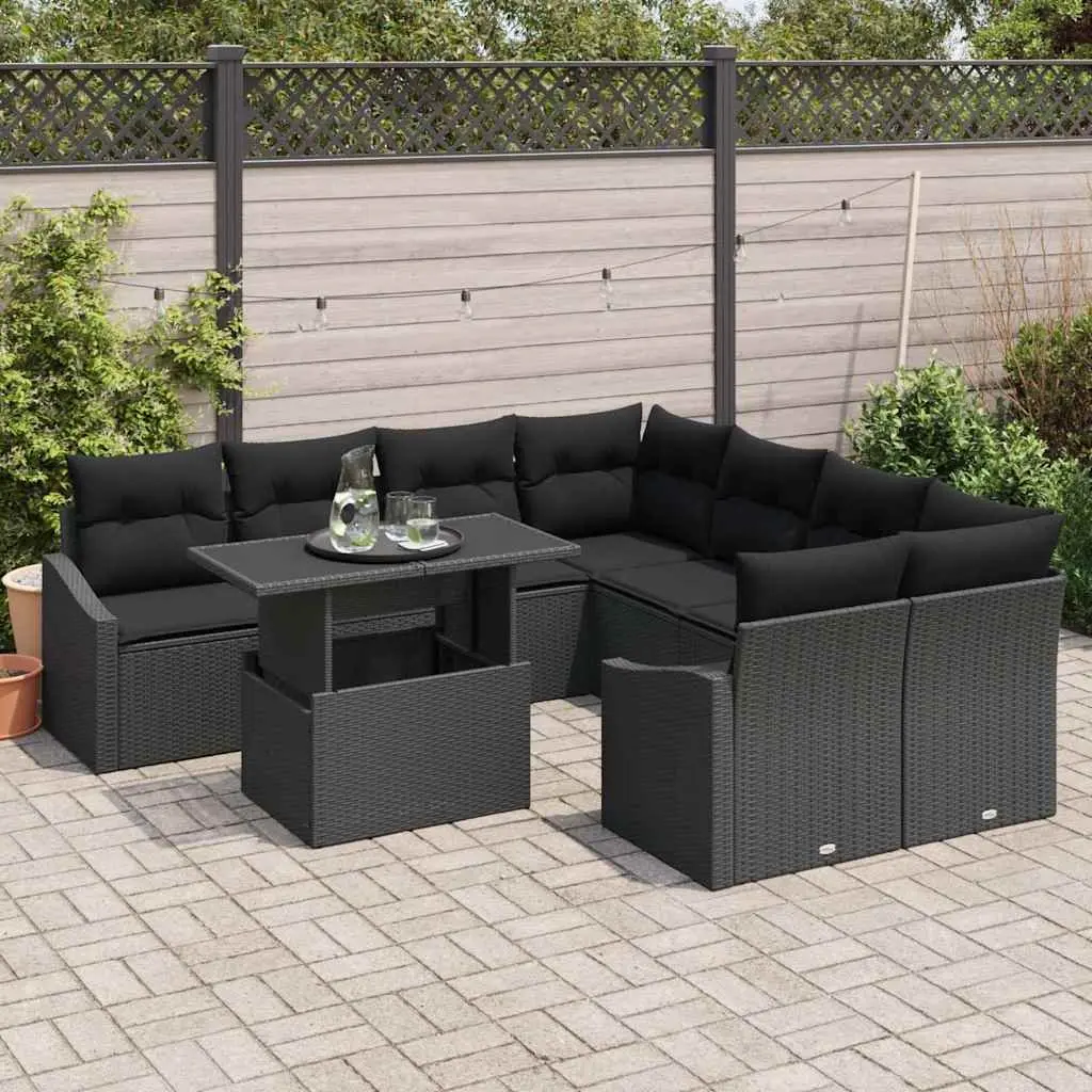 Modular Garden Sofa Set Outdoor Furniture 9 Piece Black Poly Rattan with Glass Table