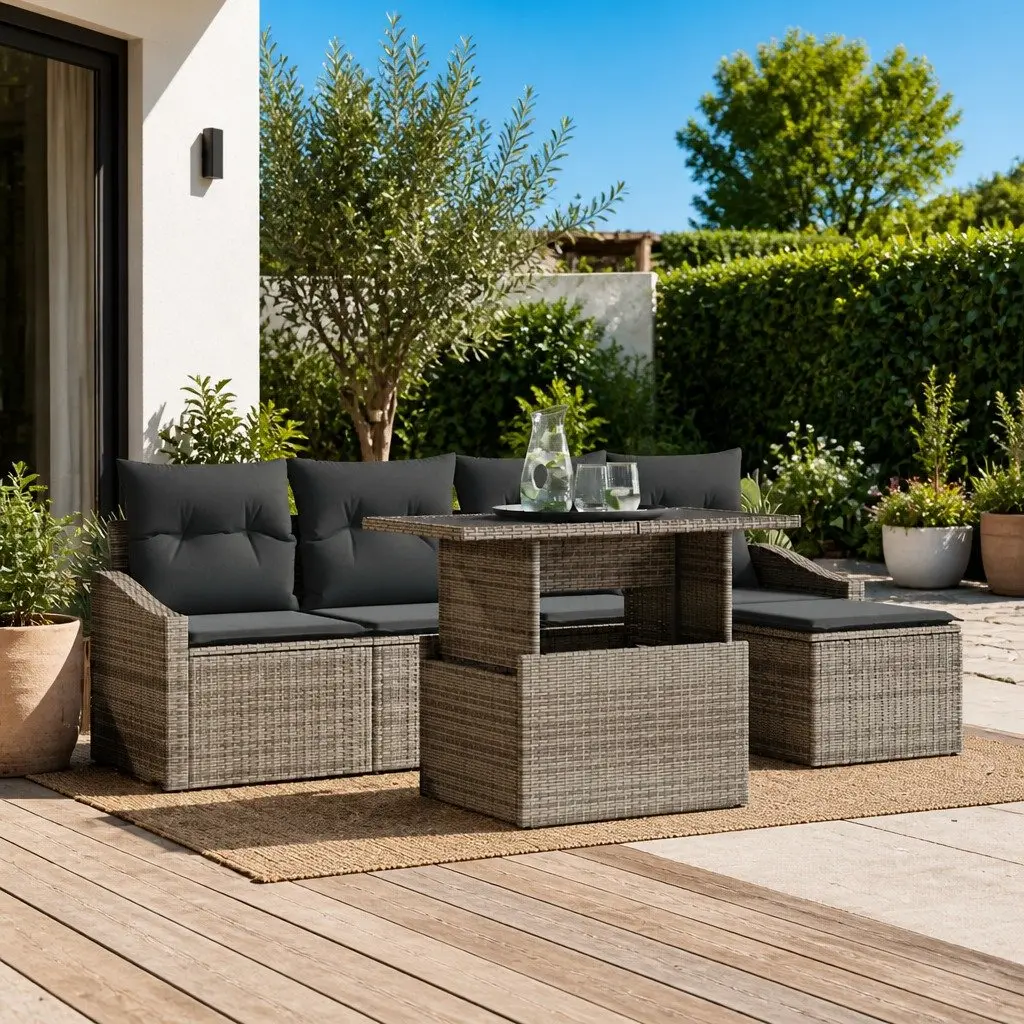 Garden Sofa Set 6 Piece Outdoor Seating Grey Poly Rattan with Cushion