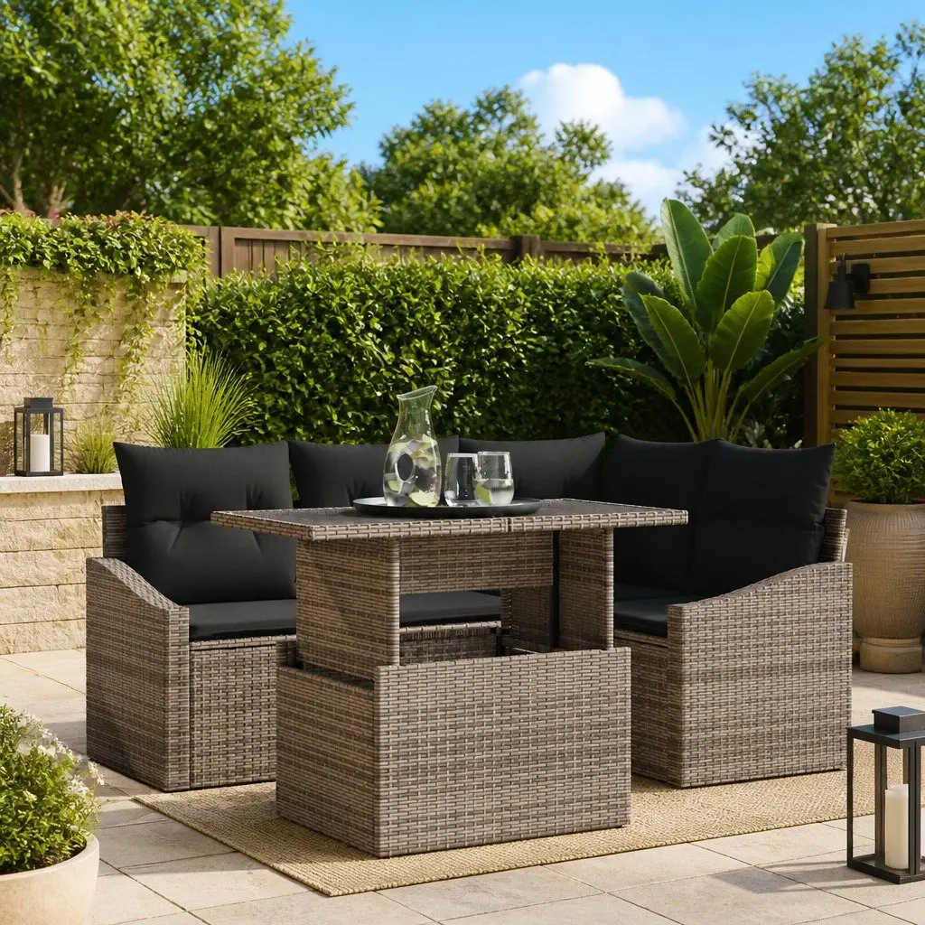 Outdoor Garden Sofa Set Modular Seating 5 Piece Grey Poly Rattan Steel Frame