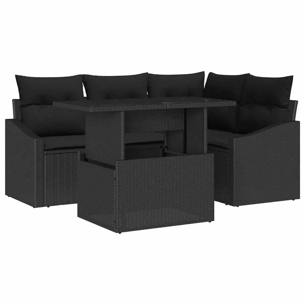 Garden Sofa Set Outdoor Seating 5 Pieces Black Modular Rattan with Glass Table