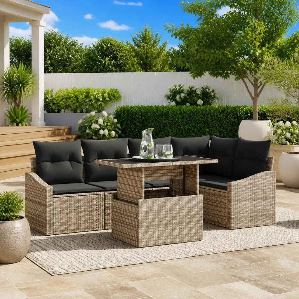 Garden Sofa Set Modular Outdoor Seating 6 Piece Grey Poly Rattan with Glass Table