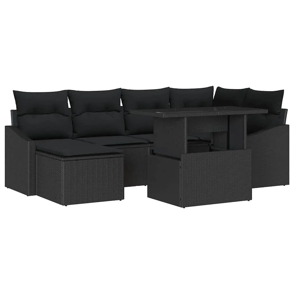Outdoor Sofa Set 7 Piece Garden Lounge Furniture Black Poly Rattan Steel Frame