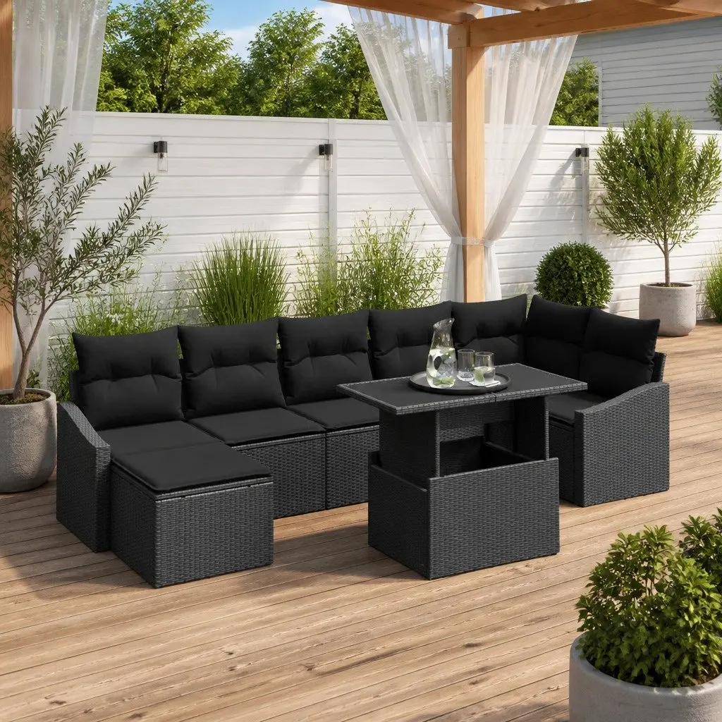 Outdoor Sofa Set Modular Garden Furniture 8 Piece Black Poly Rattan Steel Frame