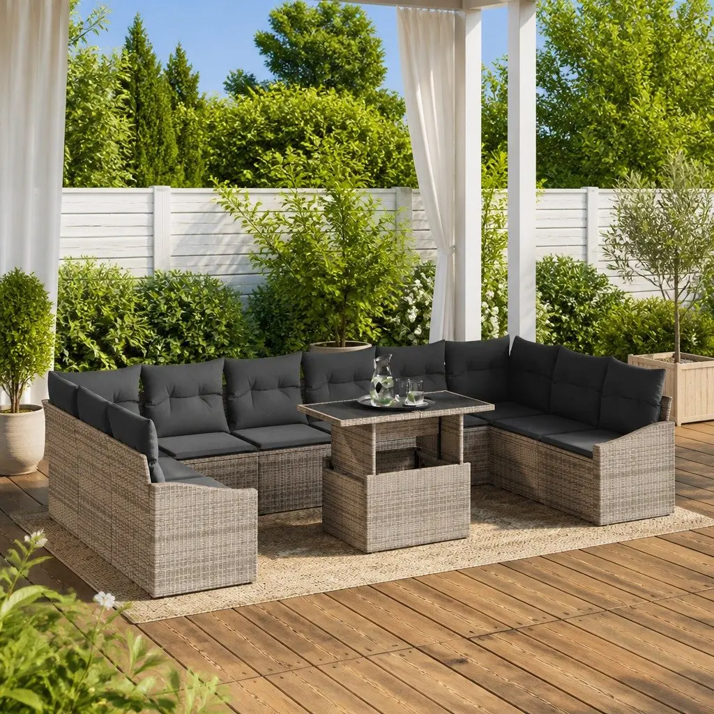 Garden Sofa Set Modular Outdoor Seating 11 Pieces Grey with Cushions Glass Table