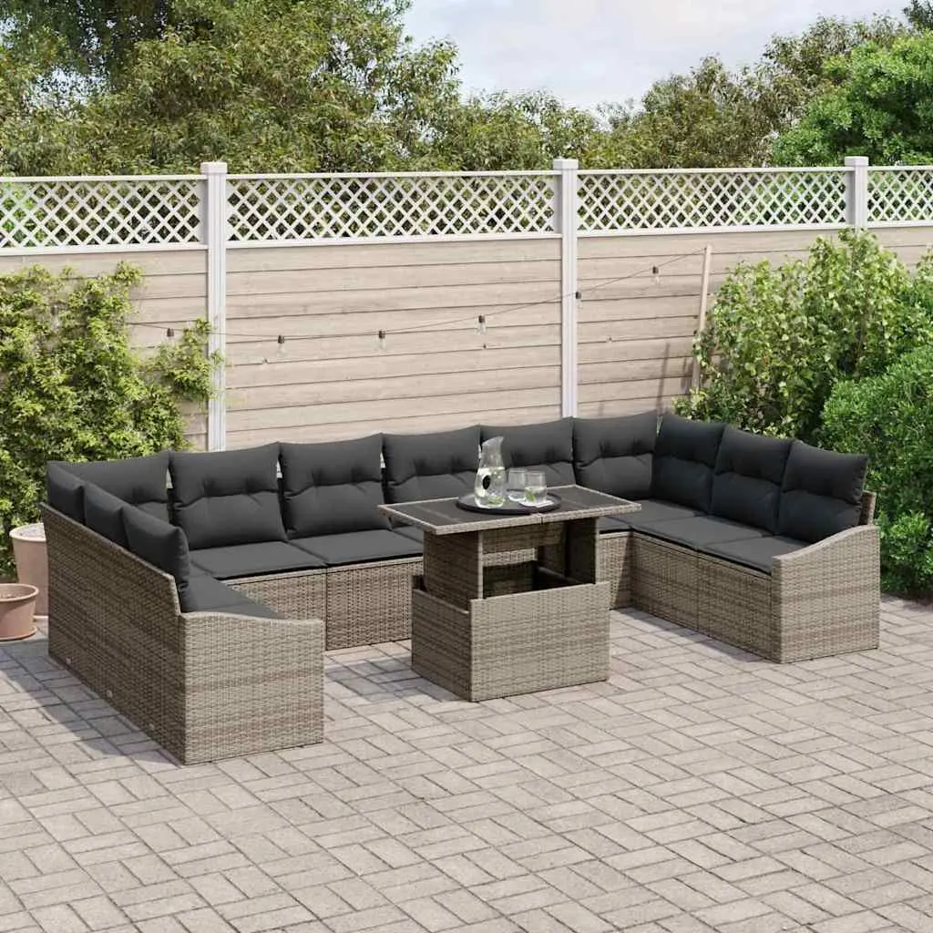Garden Sofa Set Modular Outdoor Seating 11 Pieces Grey with Cushions Glass Table