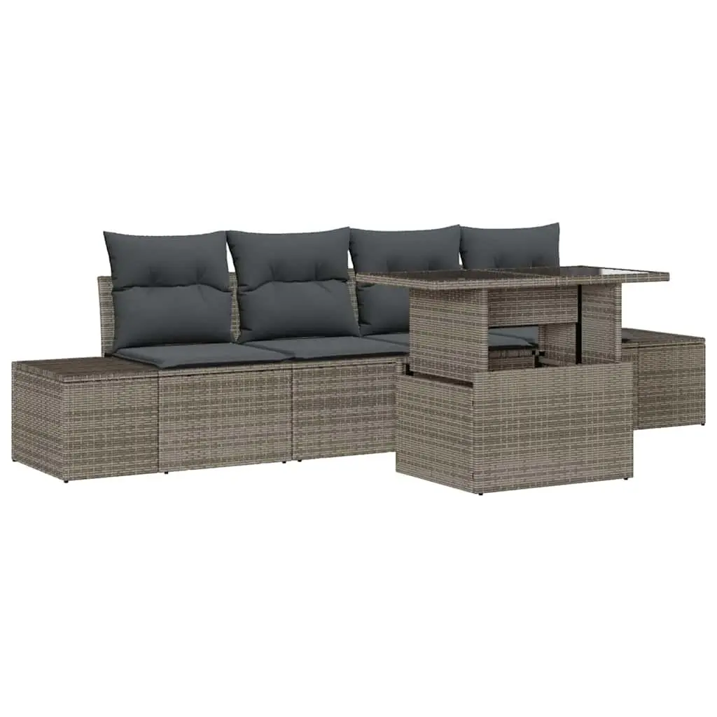 5-Piece Garden Sofa Set Grey Poly Rattan Outdoor Patio Furniture Modular Design
