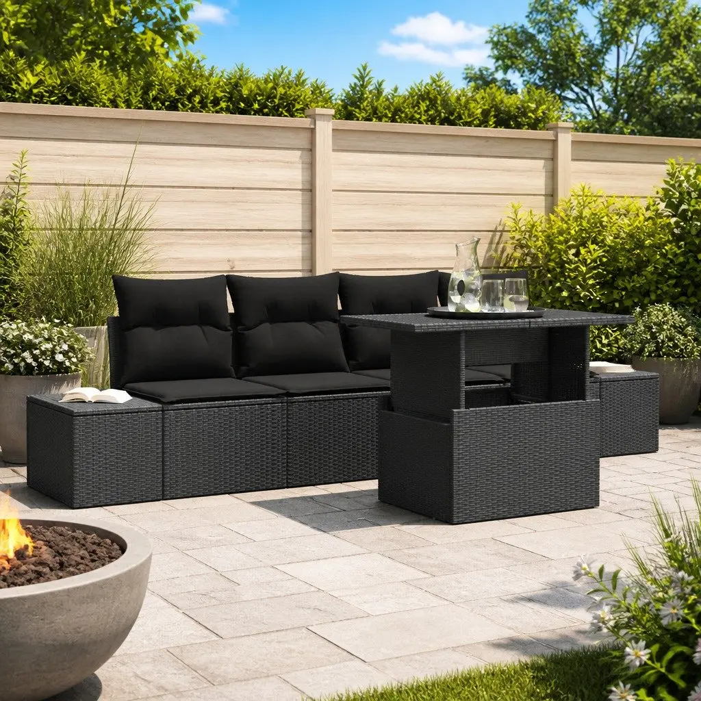 Outdoor Garden Sofa Set Modular Seating 5 Piece Black Poly Rattan