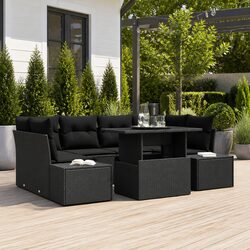 7 Piece Outdoor Garden Sofa Set Black Poly Rattan Steel Frame Adjustable Dining