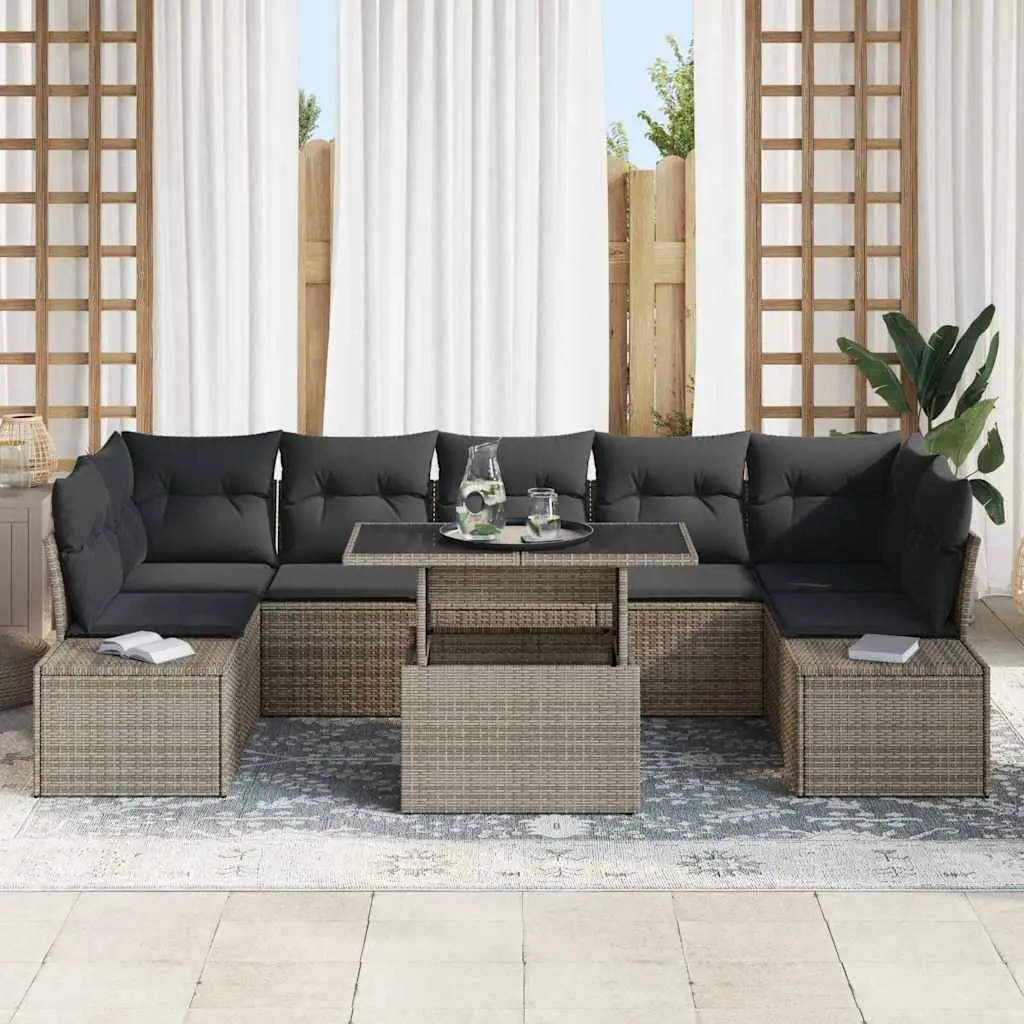 Outdoor Garden Sofa Set 8 Pieces Grey Poly Rattan Steel Frame
