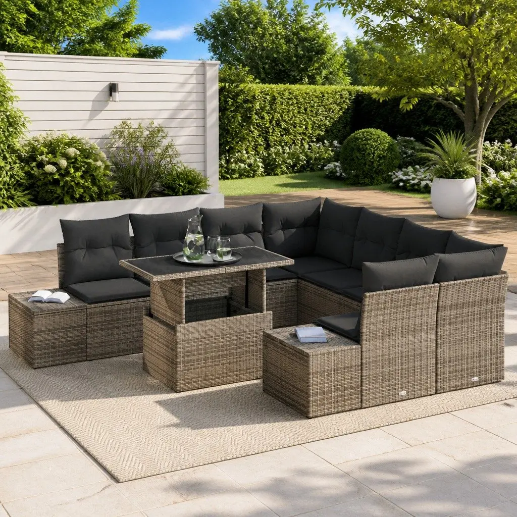 Modular Outdoor 9 Piece Garden Sofa Set Grey Poly Rattan with Cushions for Patios and Terraces
