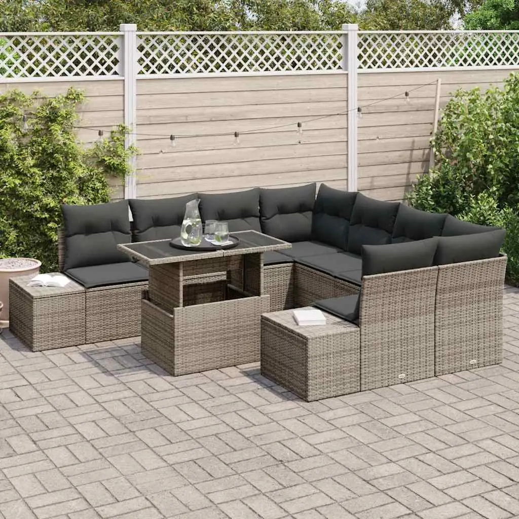 Modular Outdoor 9 Piece Garden Sofa Set Grey Poly Rattan with Cushions for Patios and Terraces