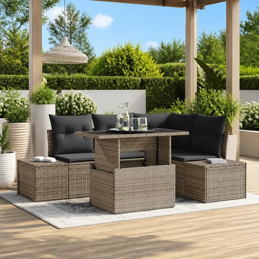 Garden Sofa Set 5 Pieces Grey Outdoor Furniture Poly Rattan Sectional with Adjustable Table