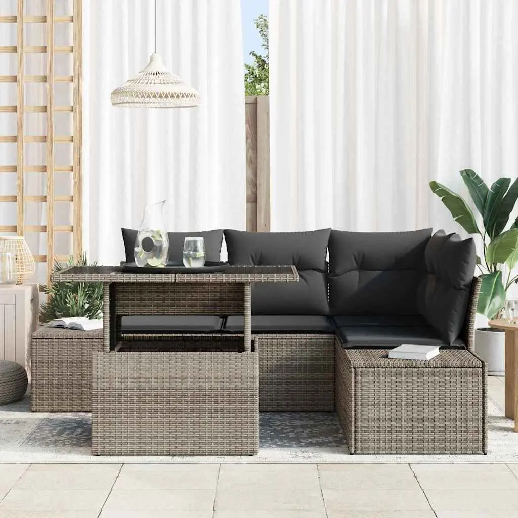Garden Sofa Set 5 Pieces Grey Outdoor Furniture Poly Rattan Sectional with Adjustable Table