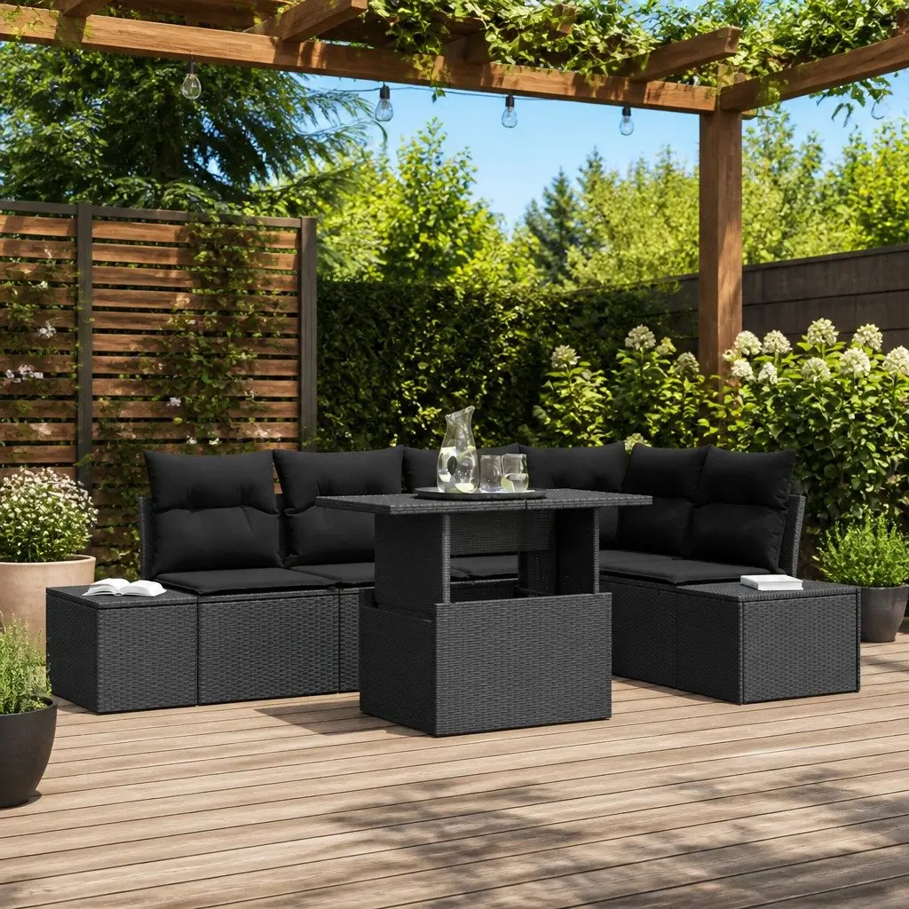 6 Piece Sofa Set Outdoor Poly Rattan Furniture Black with Storage for Garden and Patio