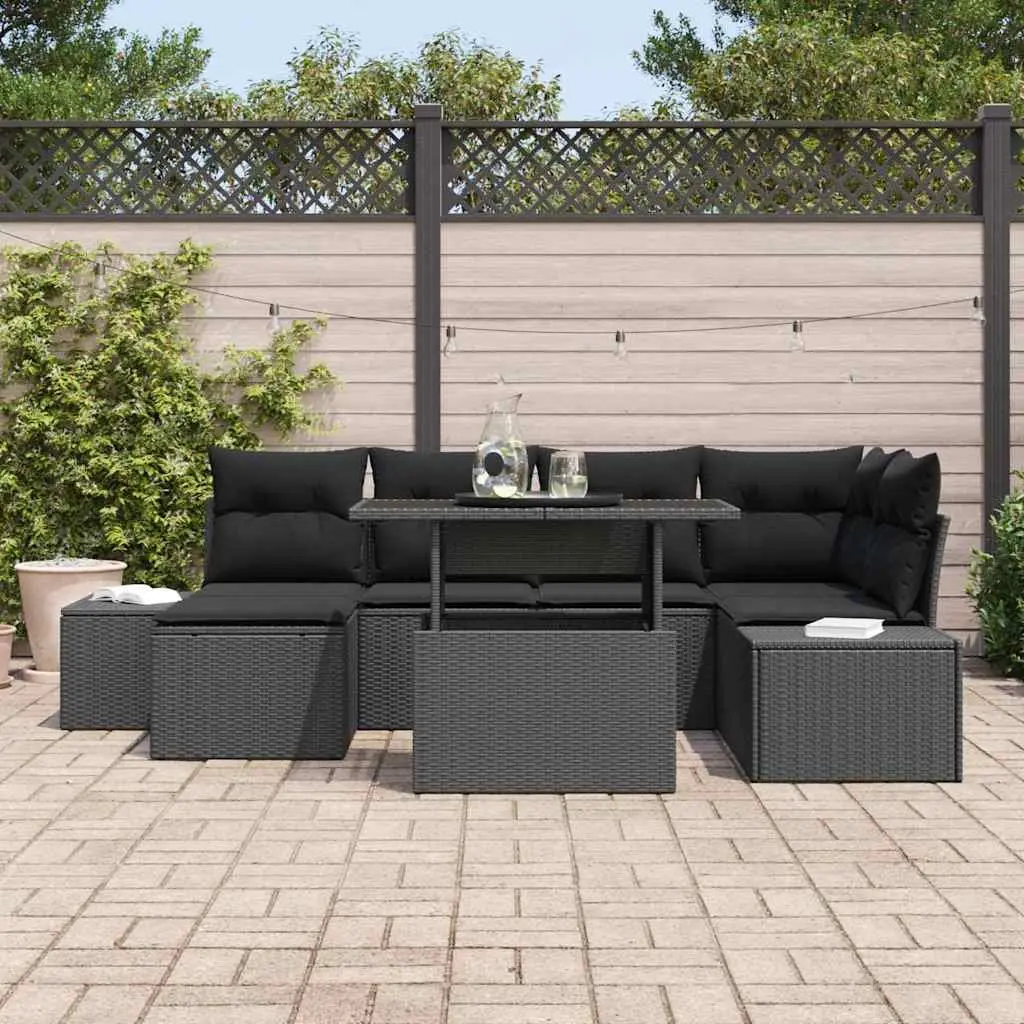 7-Piece Garden Sofa Set Black Poly Rattan Outdoor Furniture Patio Lounge with