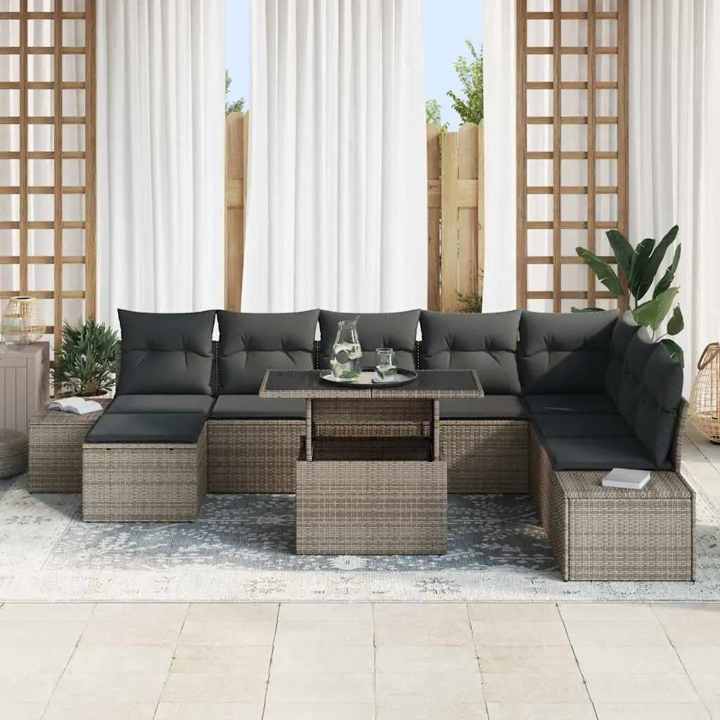 Outdoor Poly Rattan Sofa Set Grey 9 Piece Garden Furniture with Adjustable Storage Table