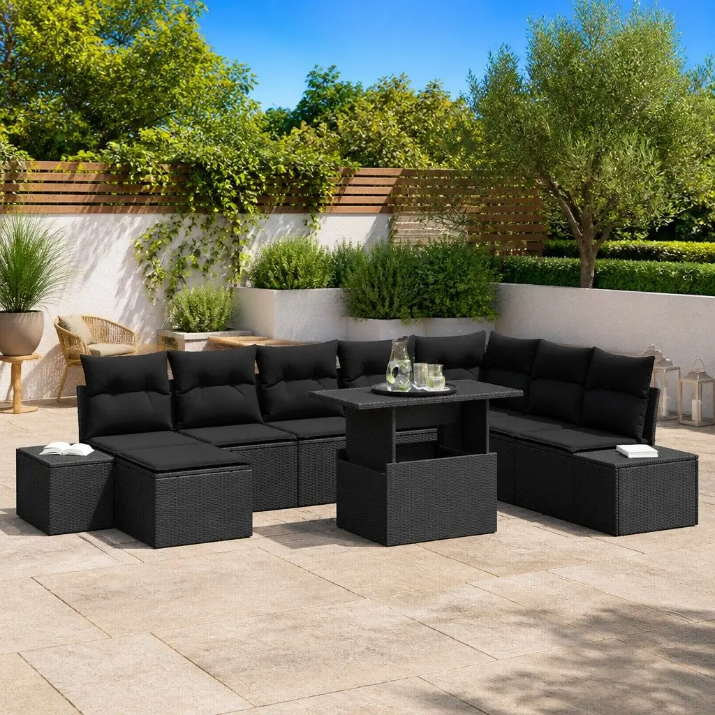 Outdoor Furniture Sofa Set 9 Piece Black Poly Rattan with Storage Table for Garden Patio and Terrace