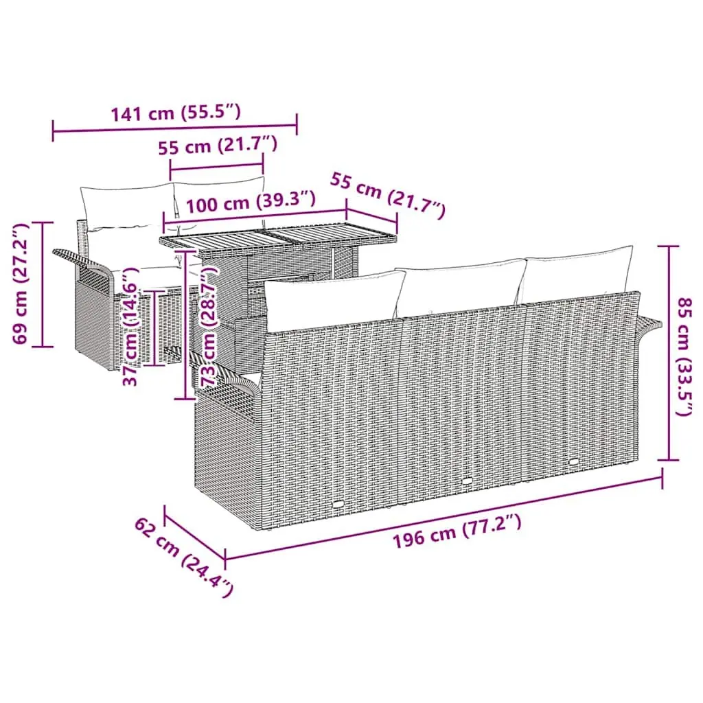 Modular Garden Sofa Set 6 Piece Outdoor Seating Grey Poly Rattan