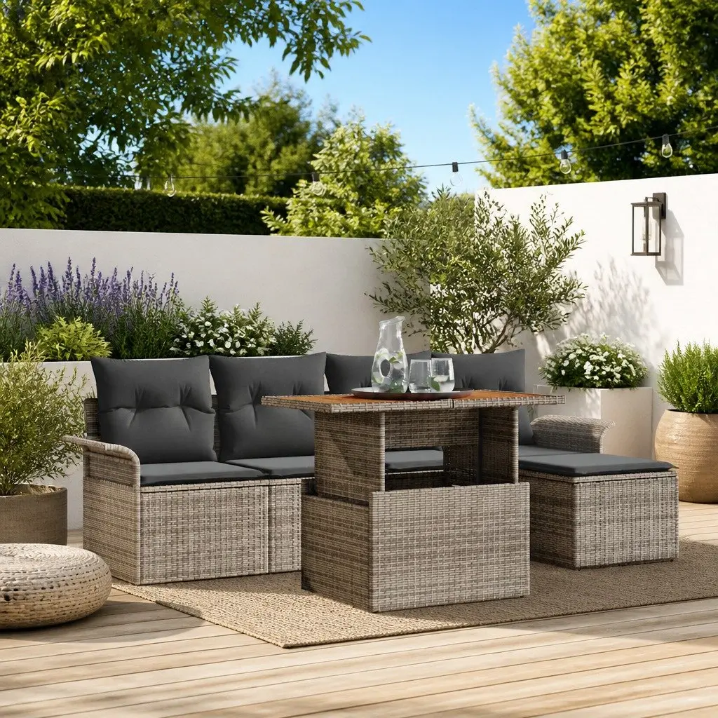 Modular Outdoor Garden Sofa Set 6 Piece with Storage Grey Poly Rattan