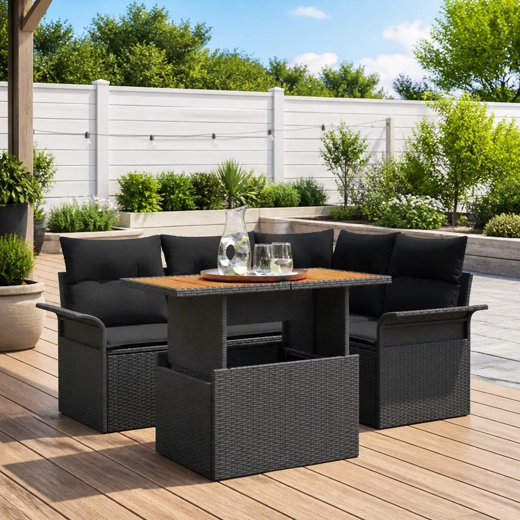Garden Sofa Set Modular Outdoor Furniture 5 Piece Black Poly Rattan