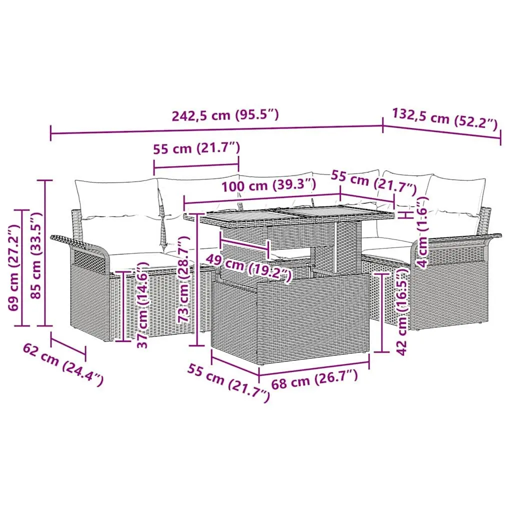 Outdoor Sofa Set Modular Garden Furniture 6 Piece Grey