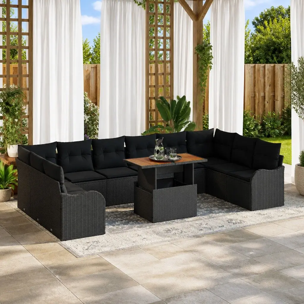 Modular Outdoor Garden Sofa Set 11 Piece Black Poly Rattan Steel Frame